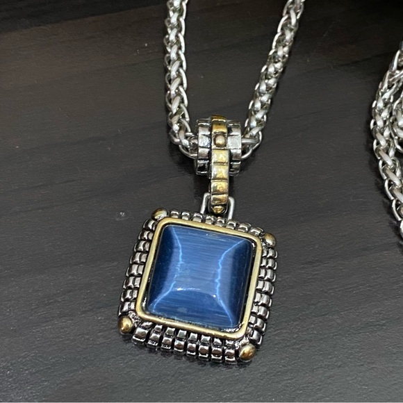 Unsigned Silver-tone Spiga Wheat Chain with Blue Stone Pendant  30” Necklace - Picture 11 of 14